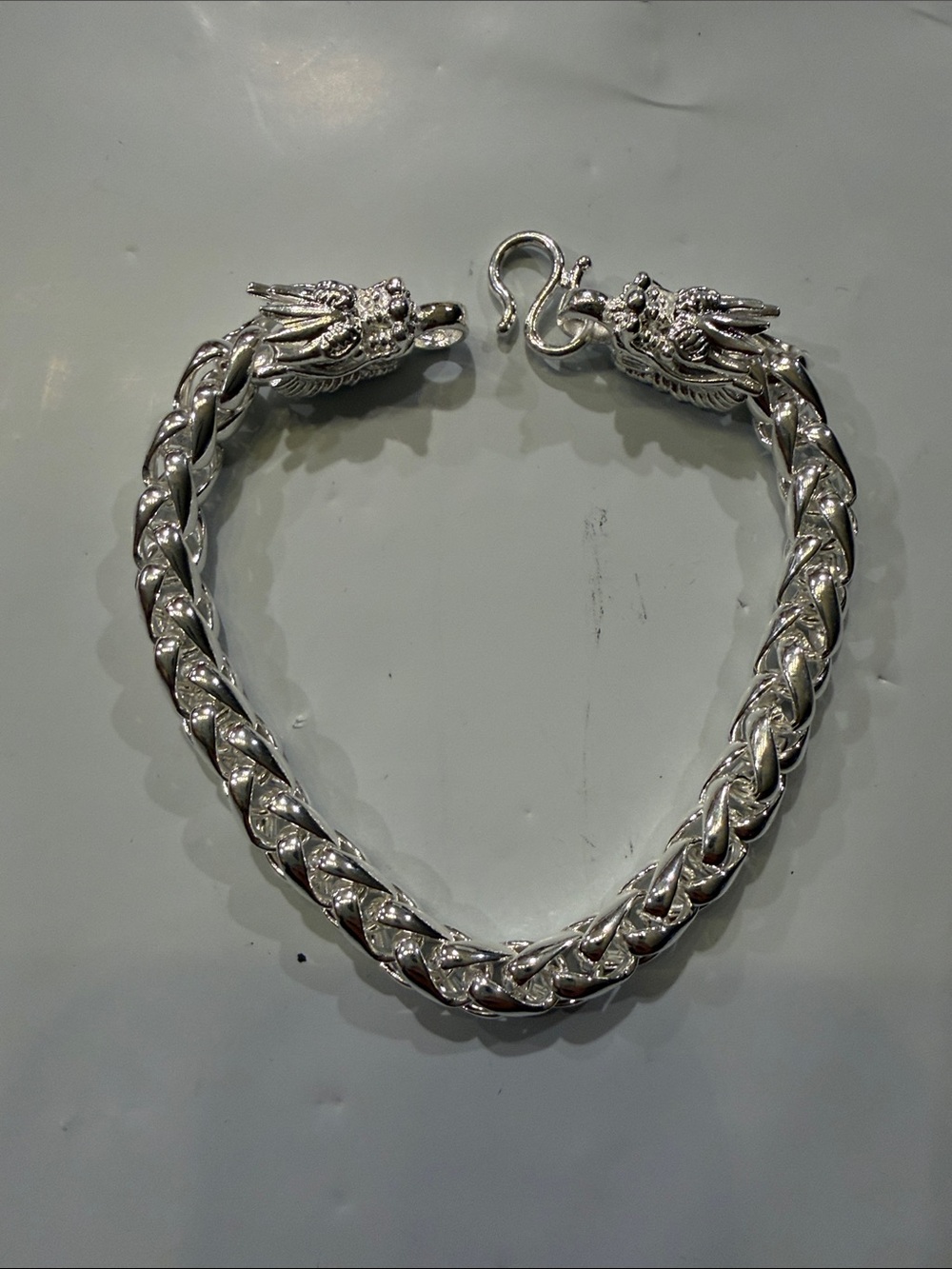 Chinese Tibet Silver Tone Double Dragon Head Bracelet 7” Length